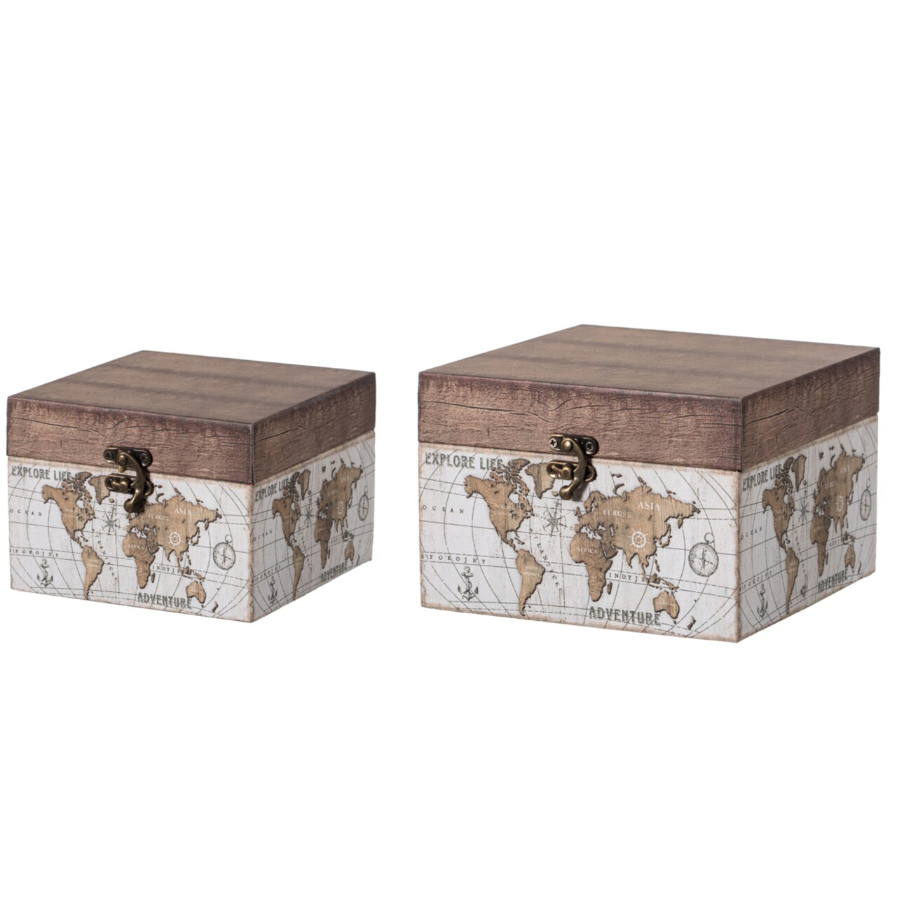 Vintiquewise Set of 2 Antique Vintage Style World Map Design Wooden Storage Box Trunk